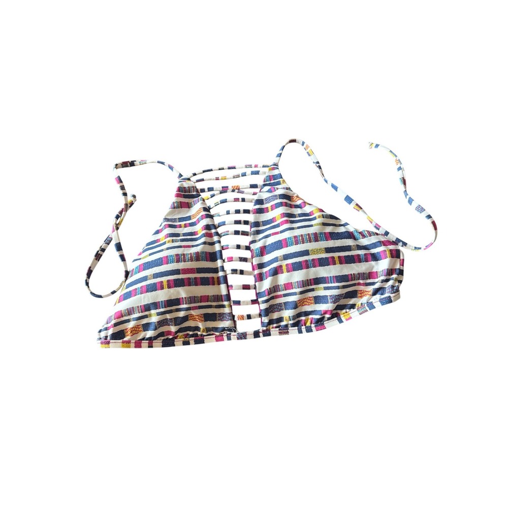 NWT Becca by Rebecca Virtue Indie High Neck Ladder Bikini Top Stripe Tassel Lg